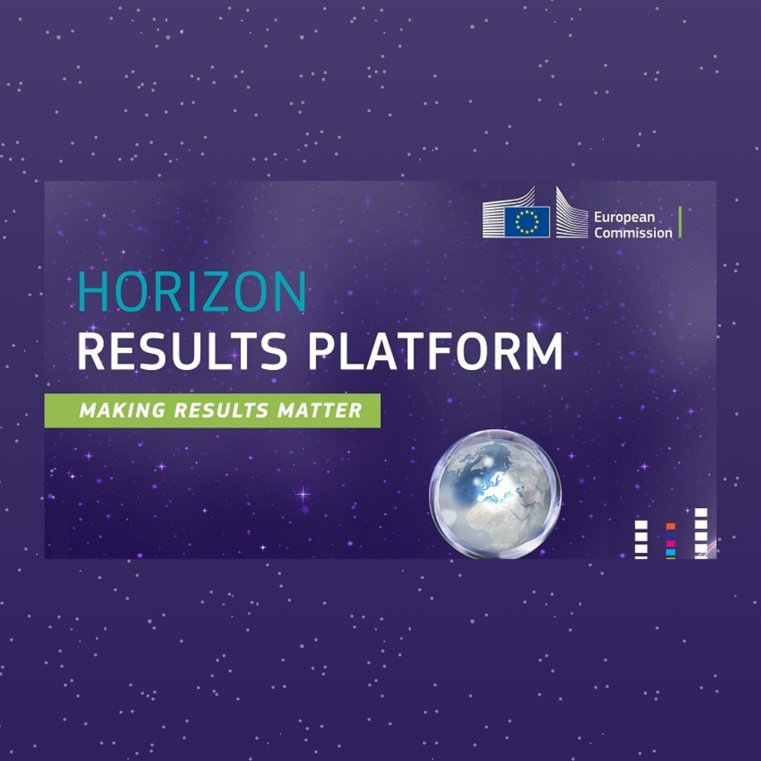 Aparece una imagen sobre un fondo morado con brillos blancos el texto: "HORIZON RESULT PLATFORM. MAKING RESULT MATTER" junto con el logo de la Comisión Europea y un dibujo de la tierra  
