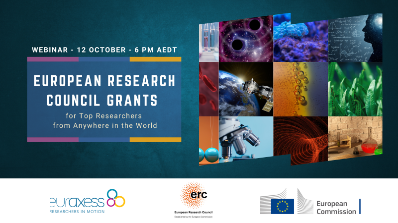 Cartel Seminario | ERC investigadores destacados en el mundo | 12 oct 2023 aparece una imagen con fondo azul degradado, además se distinguen dos partes, la de la izquierda aparece el texto del evento de color blanco y la de la derecha aparecen unas series de imágenes