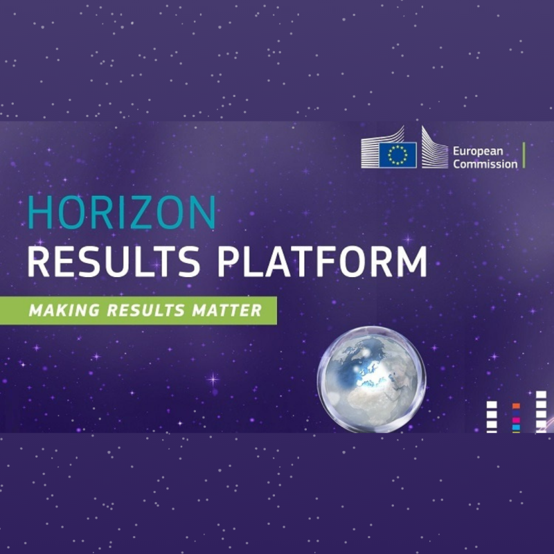 Aparece una imagen sobre un fondo morado con brillos blancos el texto: "HORIZON RESULT PLATFORM. MAKING RESULT MATTER" junto con el logo de la Comisión Europea y un dibujo de la tierra 