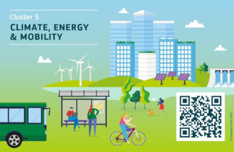 cartel Infoday y Event | Horizonte Europa - Clúster 5 "Clima, Energía y Movilidad" aparece una imagen con fondo degradado entre azulado y verdoso con los datos del evento e imágenes identificativas del clúster 5