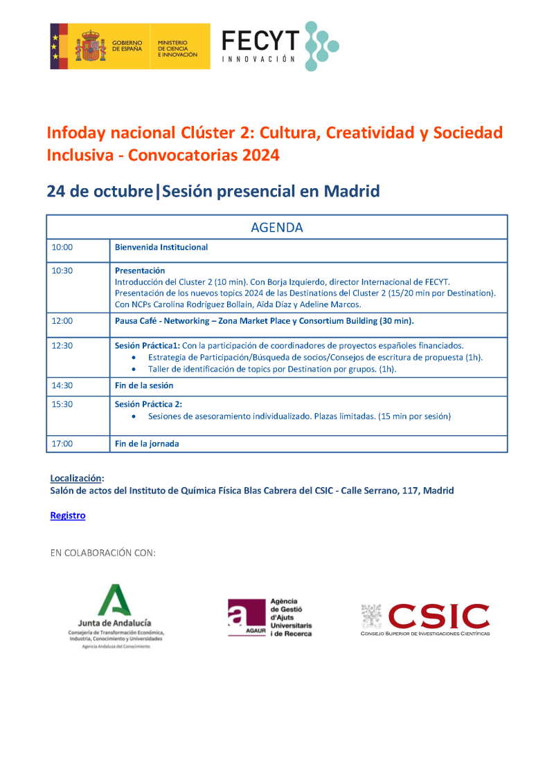 cartel Jornada Informativa Nacional | Horizonte Europa | Clúster 2 - 24 oct 2023 aparece un cartel blanco con la agenda del evento