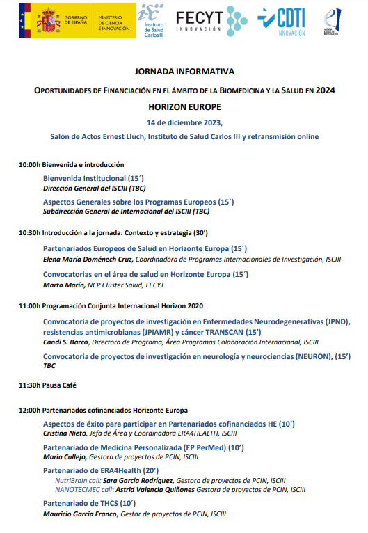 cartel-agenda | Jornada | Horizonte Europa | Oportunidades de financiación | Biomedicina y Salud 2024 | 14 dic 2023 aparece una imagen con fondo blanco y con toda la información esencial del evento que viene indicada en la noticia así como los detalles de la agenda