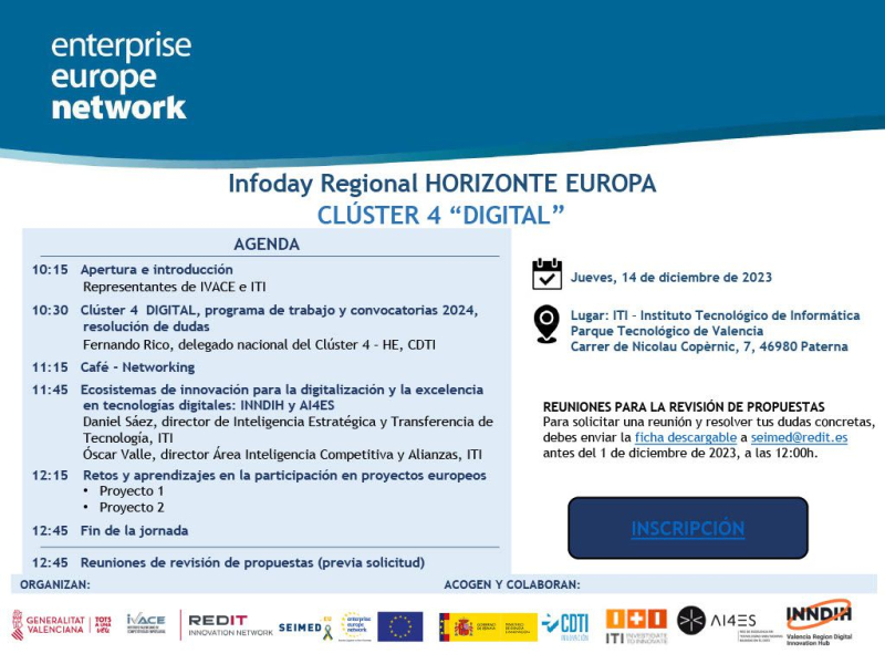 cartel agenda Infoday Regional (Valencia) | Horizonte Europa | Clúster 4: Digital Industria Espacio | 14 dic 2023 aparece un cartel blanco con toda la información esencial del evento junto con la agenda