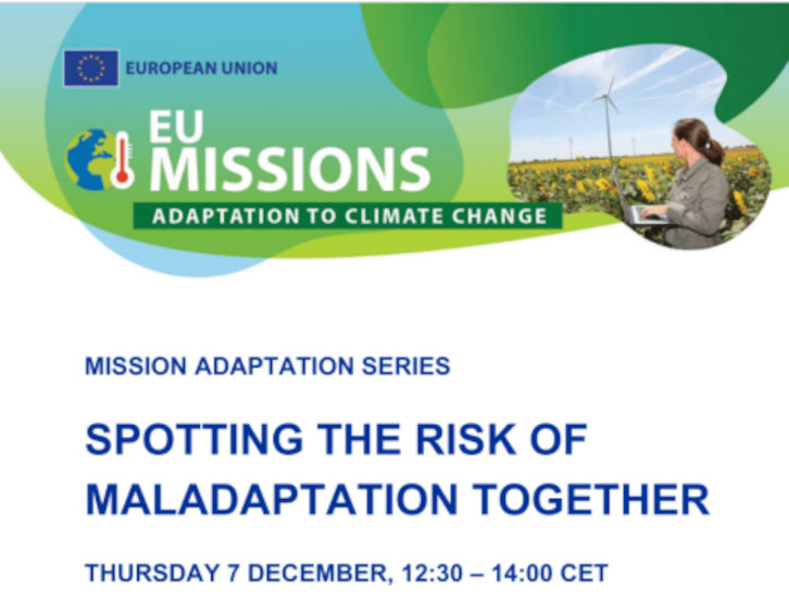 cartel Webinario | Misión Europea Adaptación Cambio | Spotting the risk of maladaptation together | 7 diciembre 2023 aparece un cartel con fondo blanco y con toda la información esencial del evento en texto azul junto a imágenes identificativas del evento