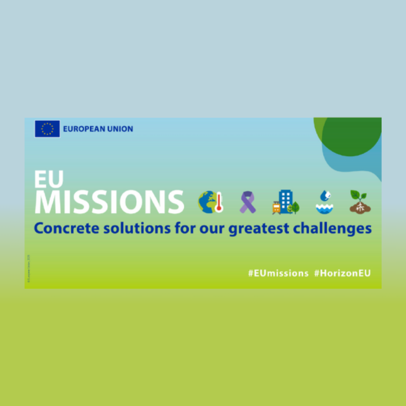 Cartel | Taller | Misión Adaptación al Cambio Climático & Misión Suelos | 25 junio 2025 Aparece una imagen que promociona las misiones de la Unión Europea bajo el lema "Concrete solutions for our greatest challenges". En la parte superior se muestran iconos relacionados con el clima, salud, ciudades, agua y suelos. El fondo tiene un degradado azul y verde con los hashtags #EUmissions y #HorizonEU.