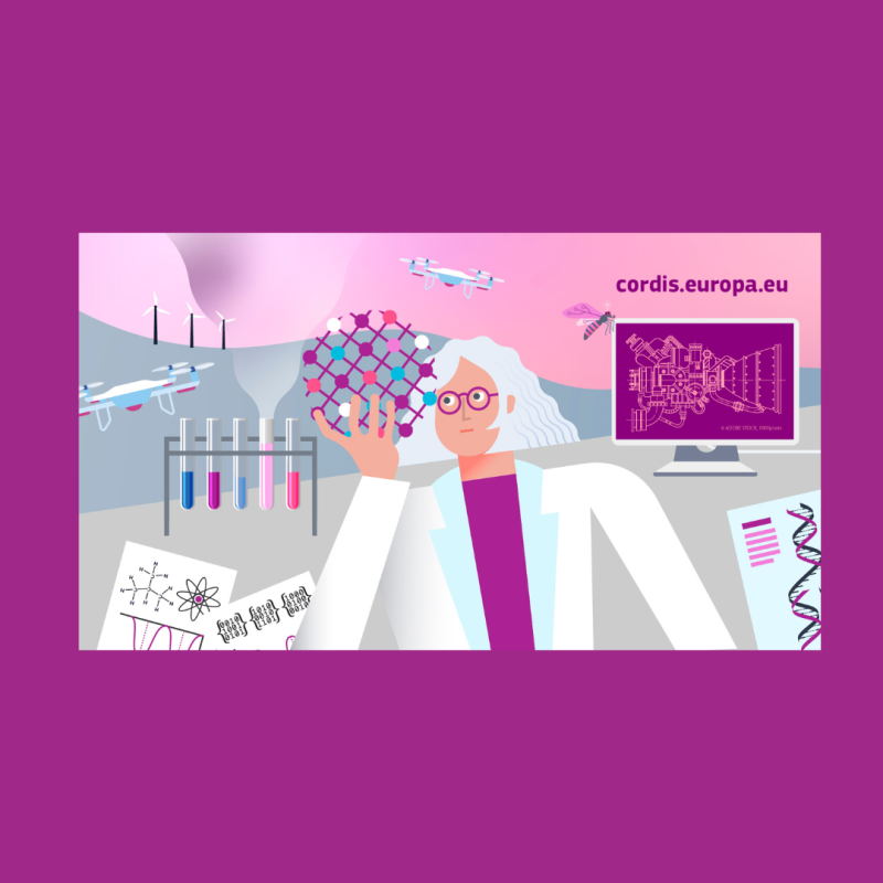 Cartel | Portal CORDIS | Plataforma proyectos de la UE Aparece una imagen ilustrada con fondo en tonos rosados y púrpura, en la que una científica con bata blanca sostiene una estructura molecular. A su alrededor hay tubos de ensayo, drones, turbinas eólicas, fórmulas científicas y un monitor con un plano técnico. En la parte superior derecha se lee el sitio web cordis.europa.eu, asociado a la divulgación de resultados de investigación financiada por la Unión Europea.