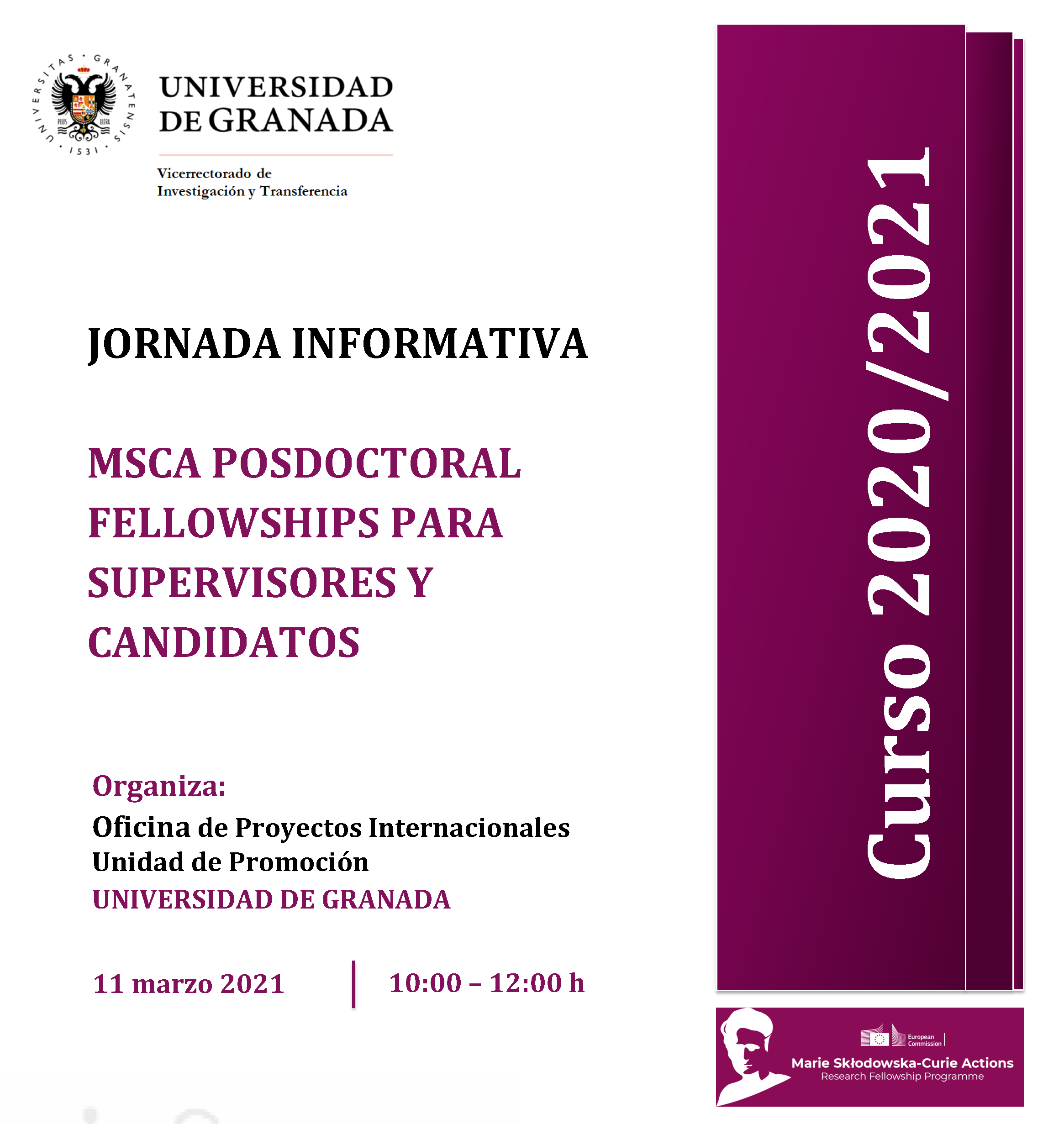 aparece un cartel blanco con toda la informacion esencial de la jornada informativa que viene indicada en la noticia. En la parte derecha aparece un figura rectangular en color violeta en la que se indica el curso academico 2020 2021