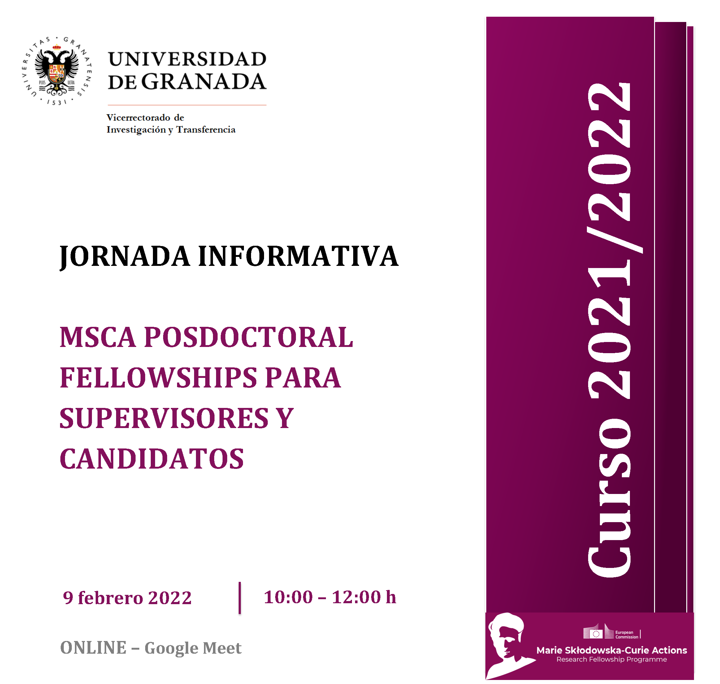 aparece un cartel blanco con toda la informacion esencial de la jornada informativa que viene indicada en la noticia. En la parte derecha aparece un figura rectangular en color morado en la que se indica el curso academico 2021 2022