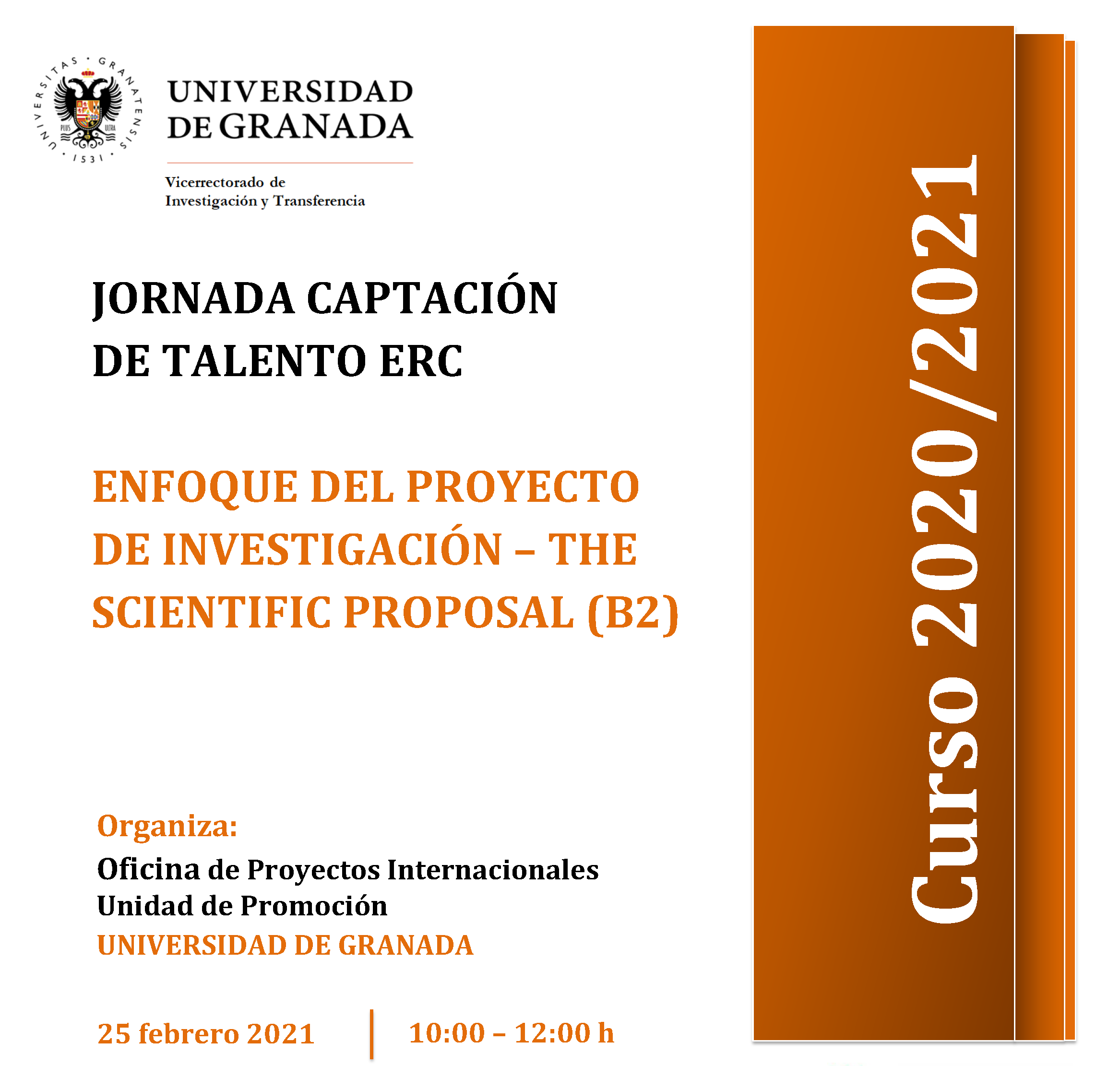 aparece un cartel blanco con toda la informacion esencial de la jornada informativa que viene indicada en la noticia. En la parte derecha aparece un figura rectangular en color naranja en la que se indica el curso academico 2020 2021