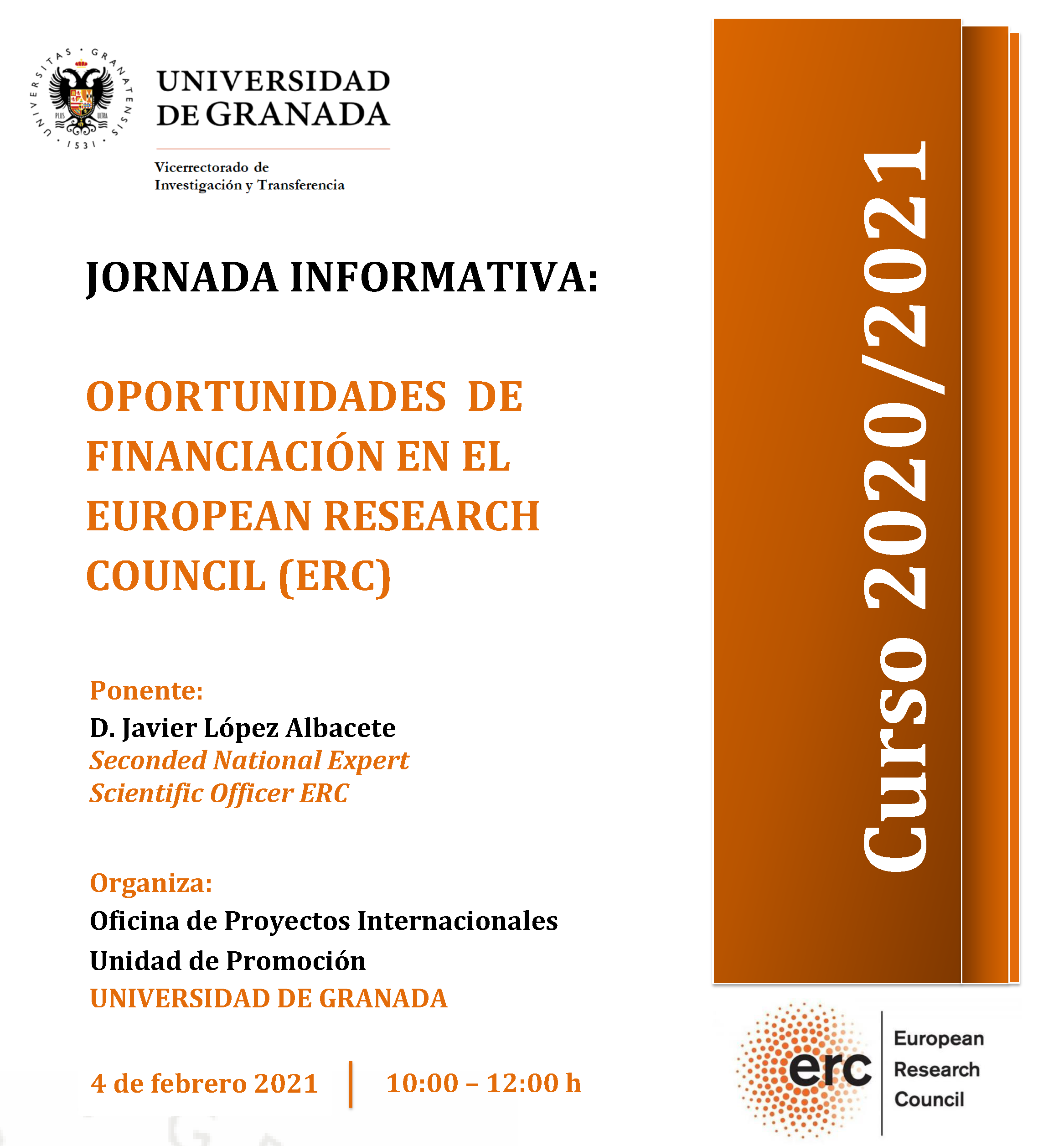 aparece un cartel blanco con toda la informacion esencial de la jornada informativa que viene indicada en la noticia. En la parte derecha aparece un figura rectangular en color naranja en la que se indica el curso academico 2020 2021