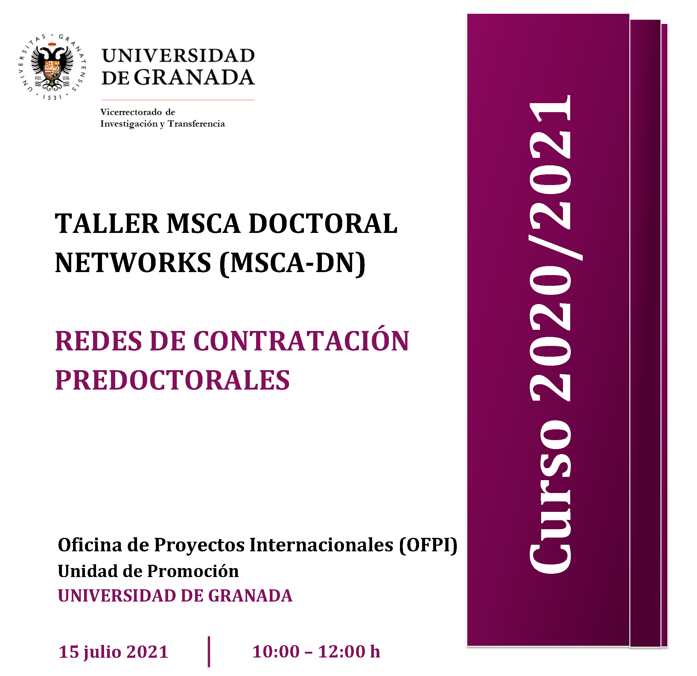 aparece un cartel blanco con toda la informacion esencial del taller que viene indicada en la noticia. En la parte derecha aparece un figura rectangular en color morado en la que se indica el curso academico 2020 2021