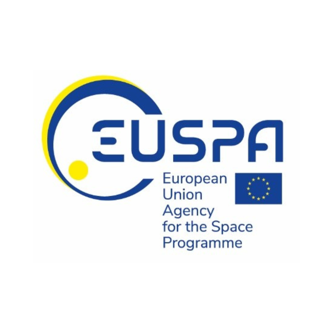 aparece una imagen en blanco con el logo de la European Union Agency for the space programme y las letras en azul y amarillo