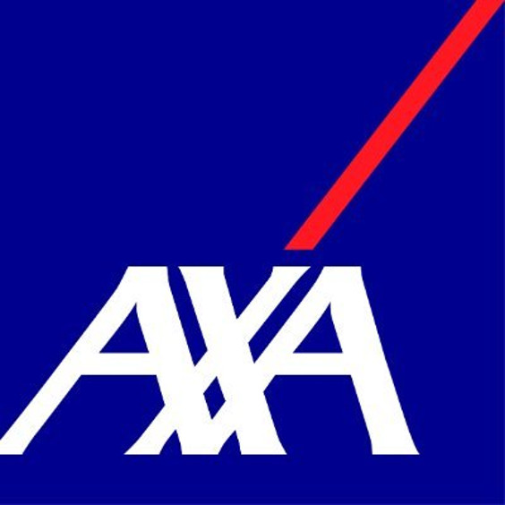 Aparece el logo de AXA en color blanco sobre un fondo azul y una línea que atraviesa en color rojo