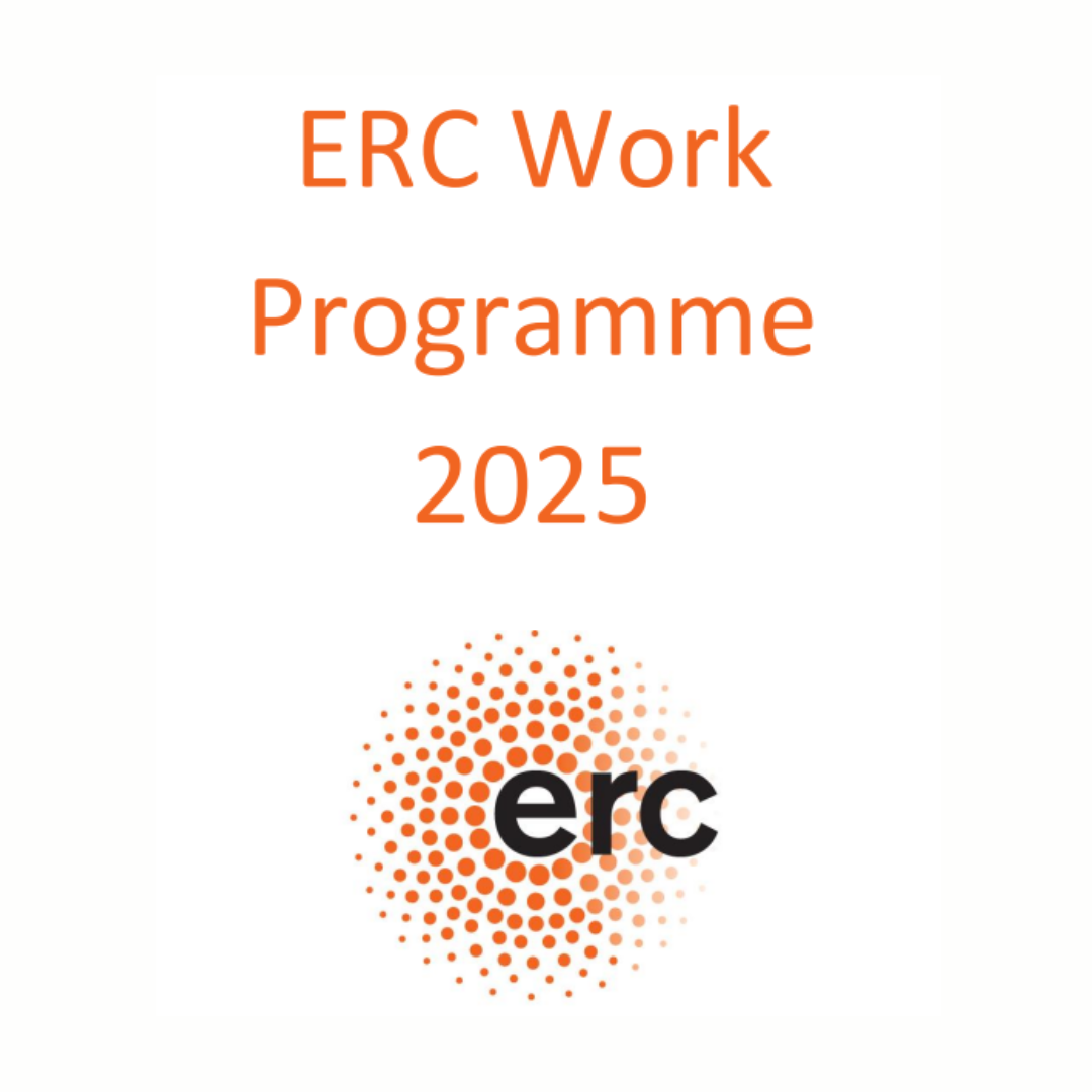 Se trata de la portada del Programa de Trabajo ERC 2025. Aparece el título de este documento con letras naranjas sobre un fondo blanco junto con el logo del ERC.