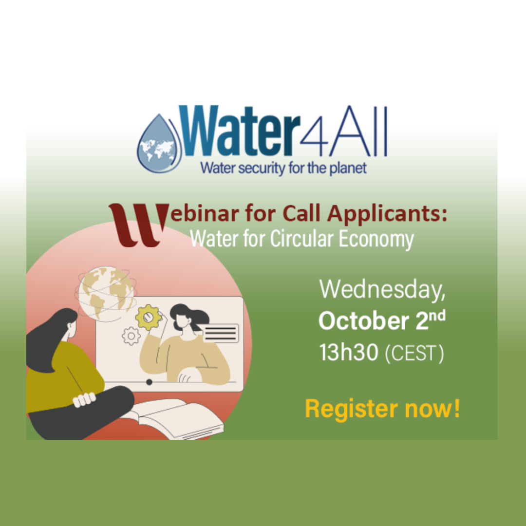 Aparece el cartel del webinario en el que se aprecia sobre un fondo verdoso los datos básicos de la jornada, el logo del partenariado Water4all y un dibujo de una chica visionando un seminario web.