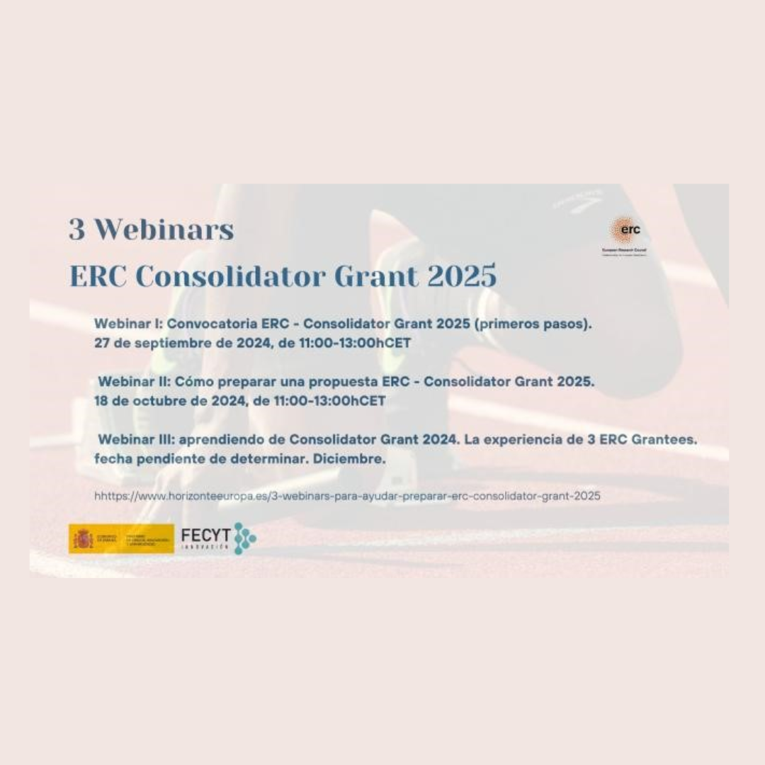 Aparece sobre un fondo gris rosado en el que se aprecia de forma difuminada la imagen de un corredor iniciando una carrera, los datos básicos de los 3 webinarios junto con el logo del ERC, del FECYT y del Ministerio