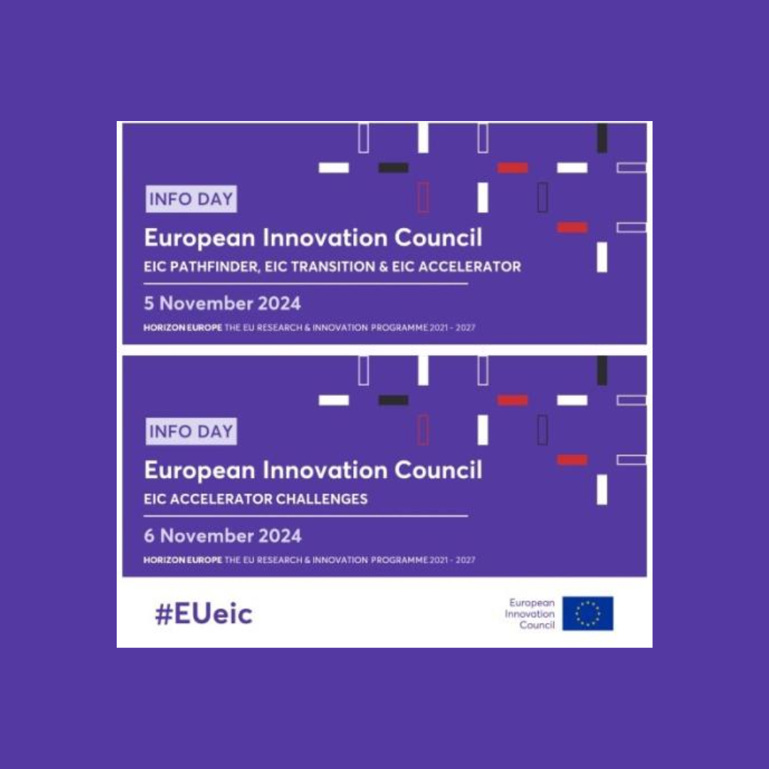 Aparece una imagen que incluye 2 carteles informativos del "European Innovation Council", destacando 2 eventos el 5 y 6 de noviembre de 2024 sobre los programas EIC Pathfinder, EIC Transition y EIC Accelerator. El fondo es morado con formas geométricas en varios colores, y aparece el hashtag #EUeic junto al logotipo del consejo.