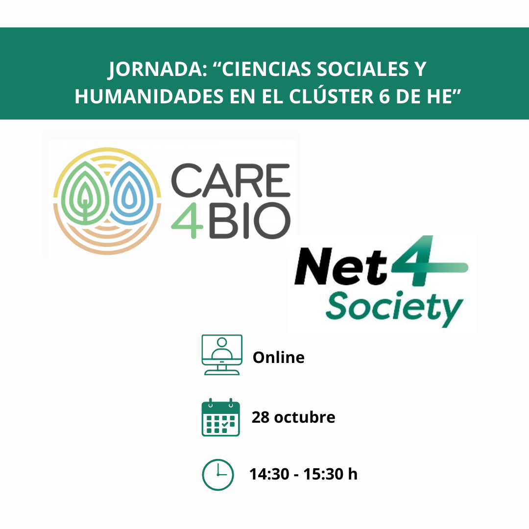 Aparece una imagen sobre un fondo blanco en la que se aprecian los datos básicos de la jornada junto con los logos de CARE4BIO y Net4Society