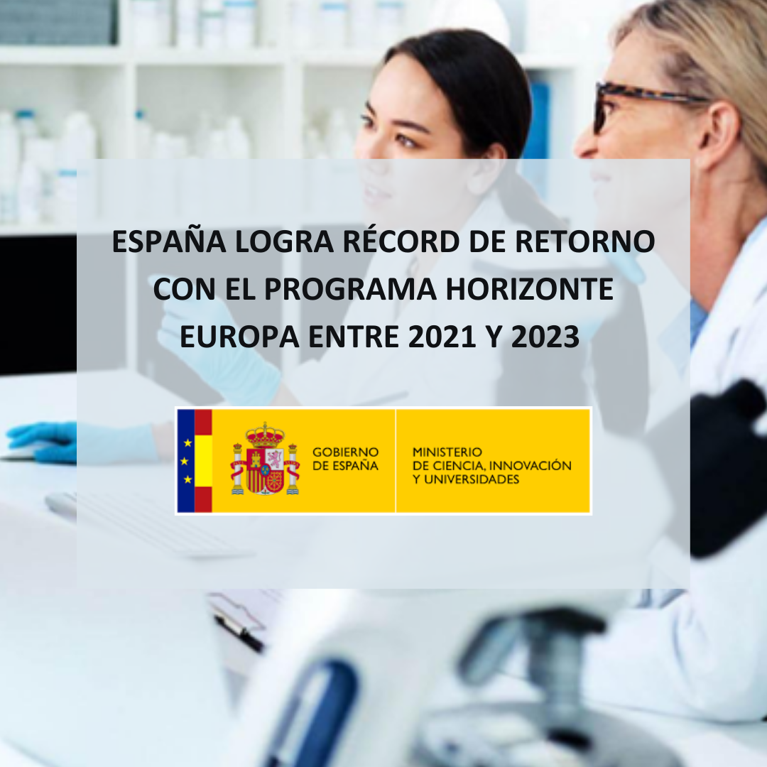 Se trata de una imagen en la que aparecen 2 mujeres en un laboratorio sentadas y trabajando. Sobre ellas hay un cuadro de texto semitransparente en el que aparece escrito el titular de la noticia junto con el logo del ministerio de ciencia, innovacion y universidades