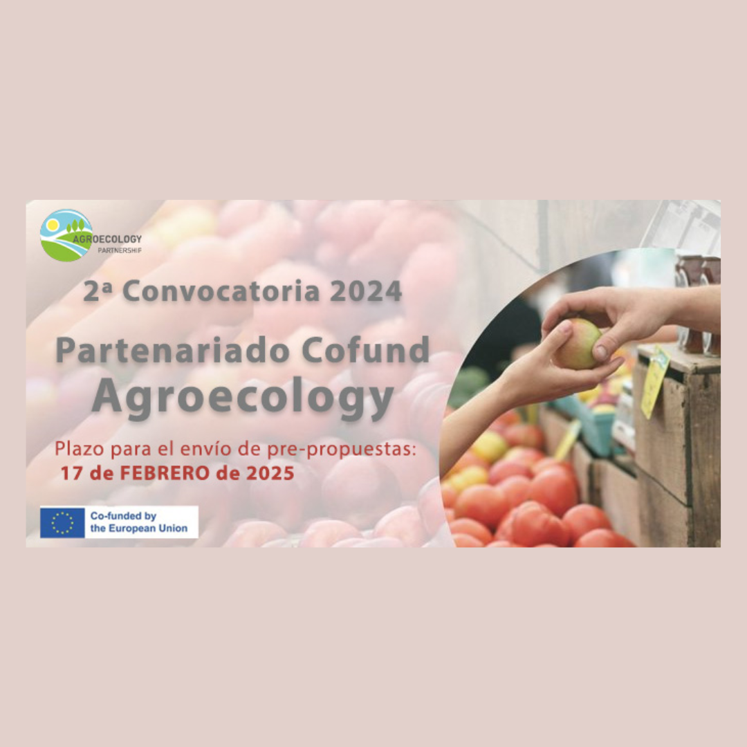 Aparece una imagen que presenta la 2ª convocatoria 2024 del Partenariado Cofund Agroecology, con plazo de envío de pre-propuestas hasta el 17 de febrero de 2025. El cartel incluye un fondo de productos agrícolas frescos, una mano seleccionando fruta y el logo de cofinanciación de la Unión Europea.