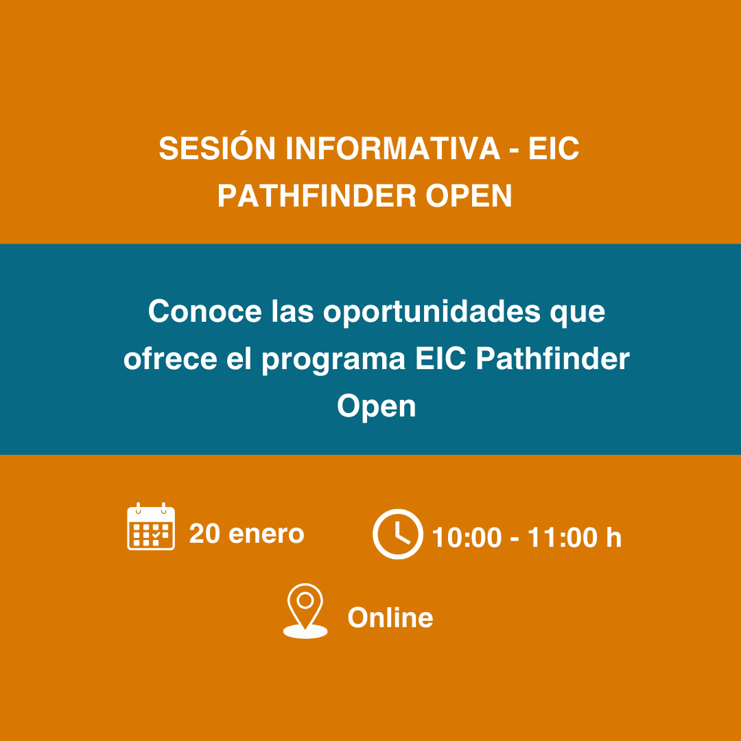 Aparece una imagen corresponde a una sesión informativa sobre el programa EIC Pathfinder Open. El evento busca dar a conocer las oportunidades que ofrece este programa. Se llevará a cabo de forma online el 20 de enero de 2025, con un horario de 10:00 a 11:00 h. El diseño presenta un esquema de colores en naranja y azul.