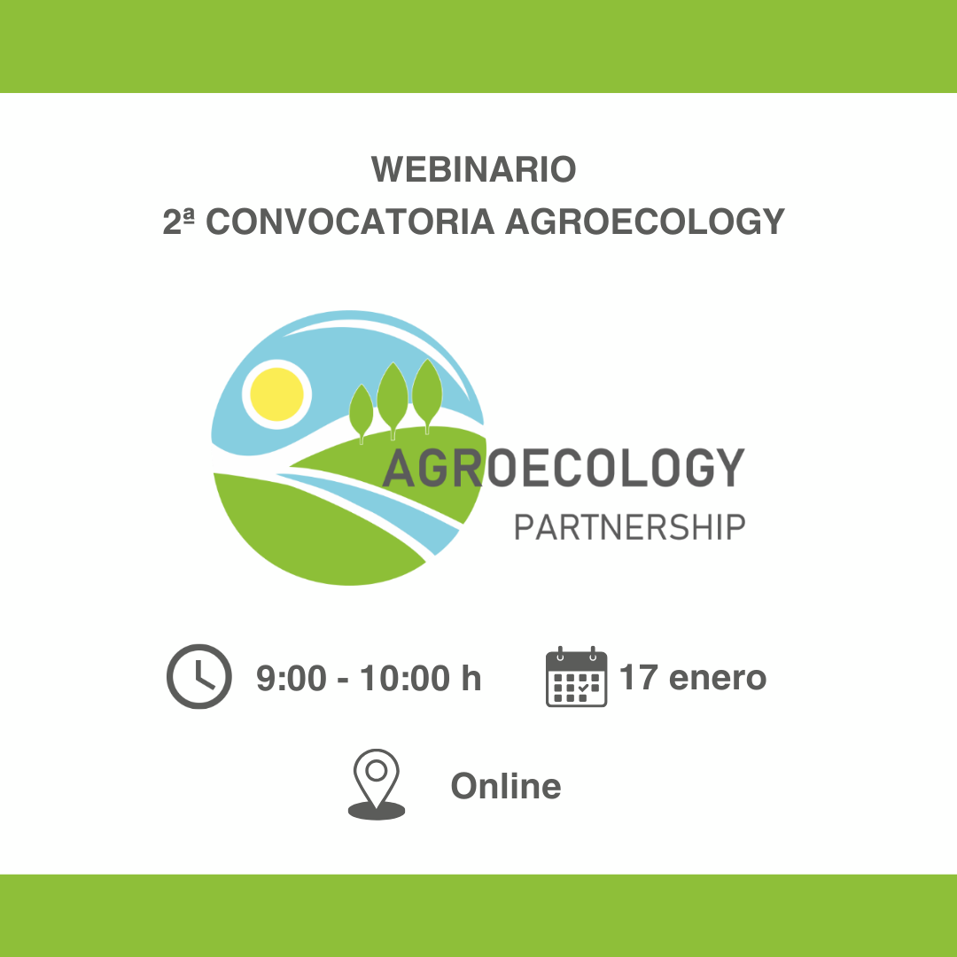 Aparece un cartel que anuncia un webinario sobre la 2ª convocatoria de Agroecology Partnership, que se celebrará el 17 de enero de 9:00 a 10:00 horas. Incluye un diseño con paisajes estilizados y colores verdes que representan la agroecología. El evento será online.