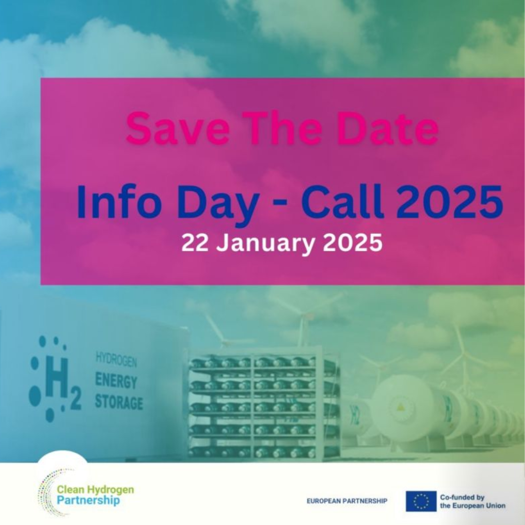 Aparece un cartel que anuncia el "Info Day - Call 2025" del Partenariado Clean Hydrogen, programado para el 22 de enero de 2025. De fondo se muestran instalaciones relacionadas con el almacenamiento de hidrógeno (H₂) y energía. Incluye el logotipo de Clean Hydrogen Partnership y la mención de cofinanciación por la Unión Europea.