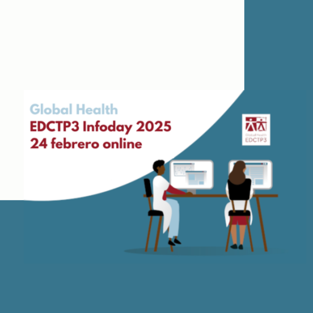 Aparece una imagen que muestra un cartel promocional para el evento "EDCTP3 Infoday 2025" enfocado en salud global. El evento se llevará a cabo el 24 de febrero en formato online. La imagen incluye una ilustración de dos personas trabajando en computadoras, junto con el logotipo de EDCTP3 en la parte superior derecha.