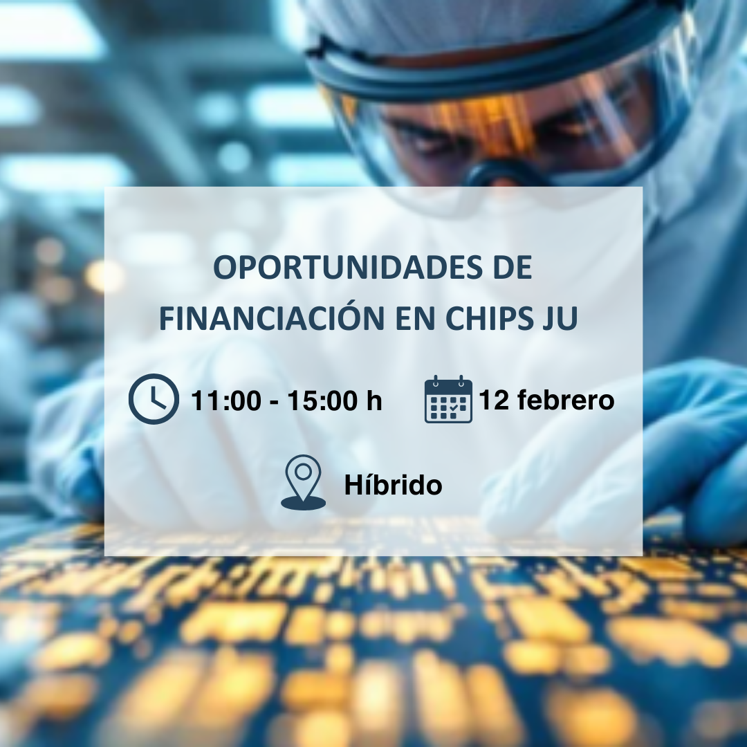 Aparece una imagen que muestra a un científico con equipo de protección examinando un microchip en un laboratorio. En el centro, un recuadro transparente contiene la información del evento "Oportunidades de financiación en Chips JU", que se realizará el 12 de febrero en formato híbrido, de 11:00 a 15:00 h. Se utilizan íconos para representar el horario, la fecha y la modalidad del evento.