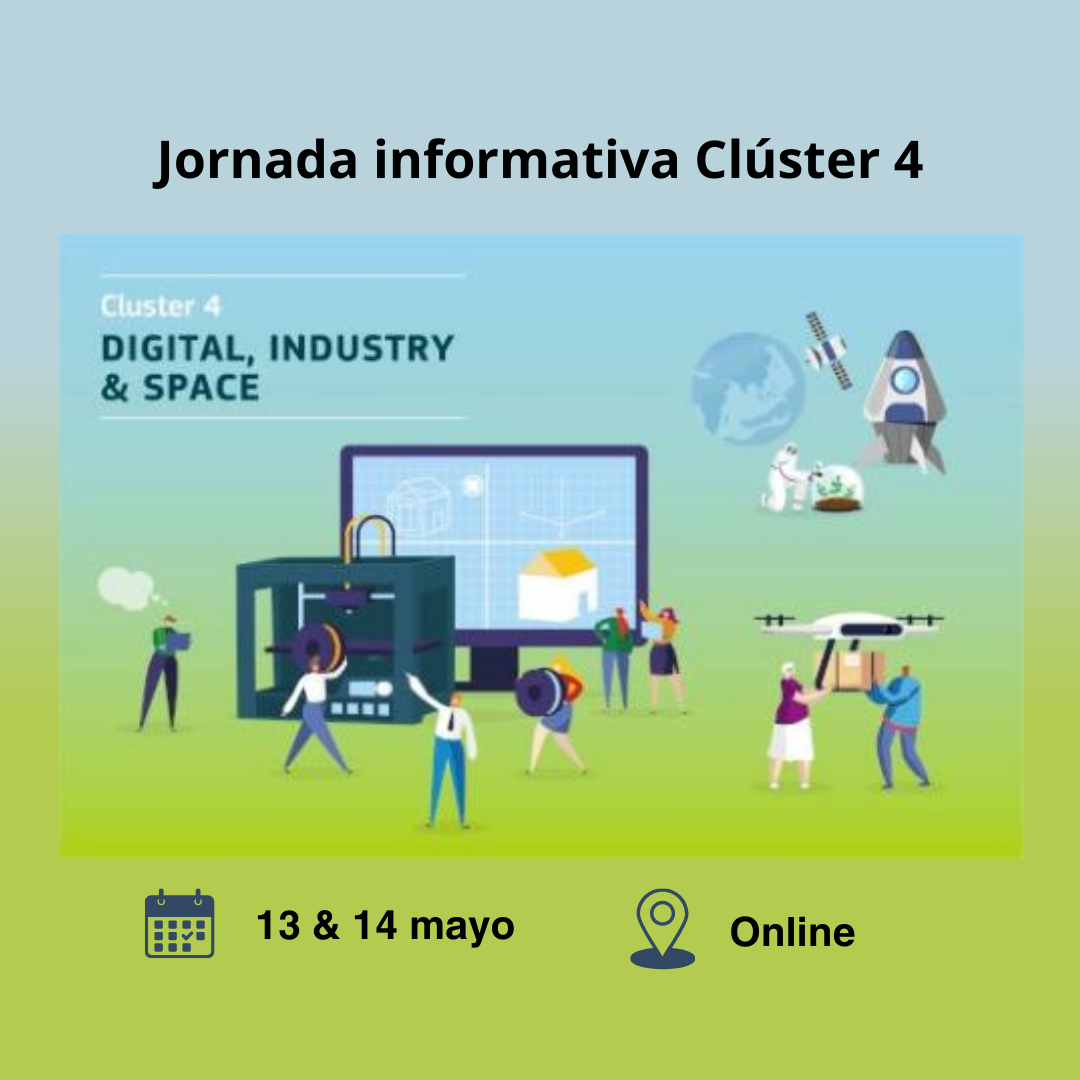 Aparece una imagen sobre un fondo azul-verdoso en el que aparecen los datos de las jornadas y una serie de dibujos. Por ejemplo vemos un cohete y un dron.