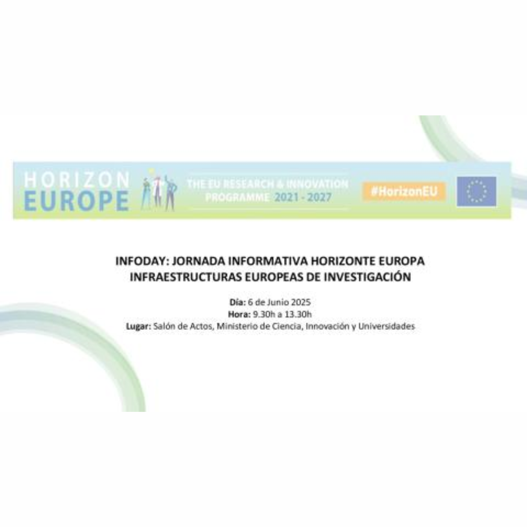 Aparece una imagen sobre un fondo blanco en el que aparecen los datos básicos de la jornada junto con una banda estrecha en la que aparecen los logos de Horizonte Europa