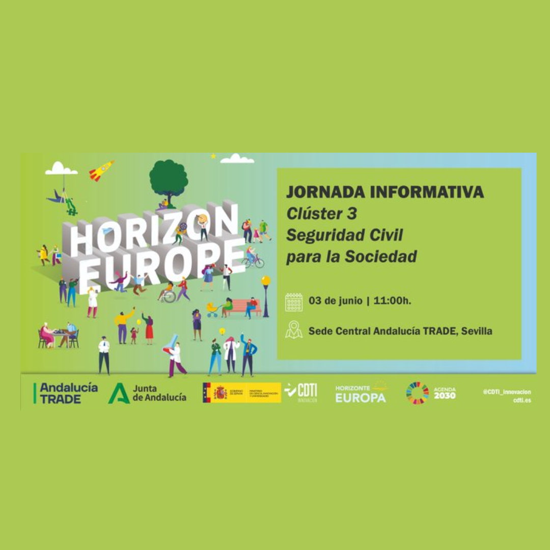 Aparece una imagen que promociona una jornada informativa sobre el Clúster 3 de Horizonte Europa, centrado en la Seguridad Civil para la Sociedad. Se observan ilustraciones de personas interactuando en un entorno urbano y natural. El evento se celebrará el 3 de junio de 2025 en la sede de Andalucía TRADE, en Sevilla.