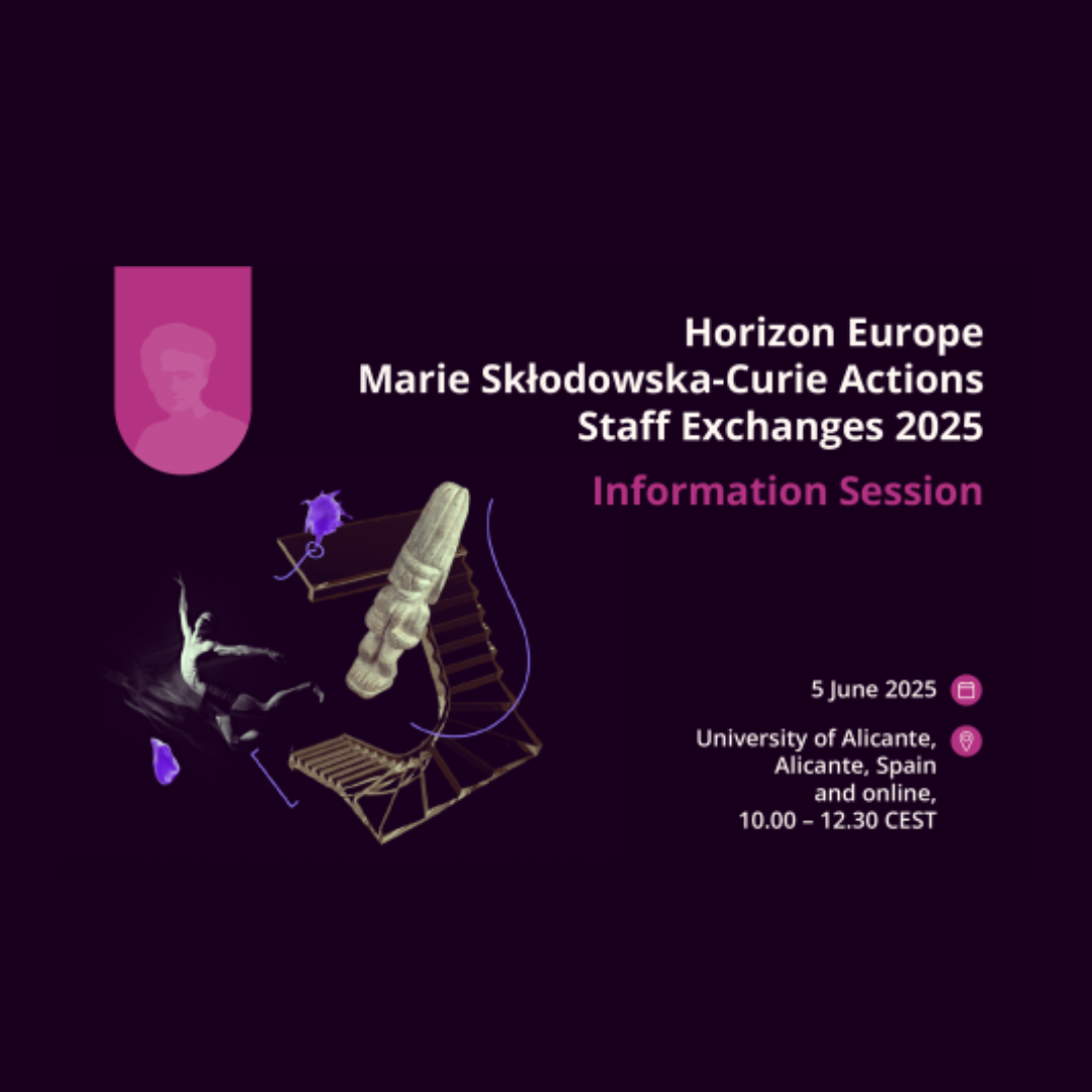 Aparece una imagen con fondo morado oscuro, textos en blanco y fucsia, y figuras abstractas en tonos violeta y dorado. Se anuncia una sesión informativa del programa Horizon Europe Marie Skłodowska-Curie Actions Staff Exchanges 2025.