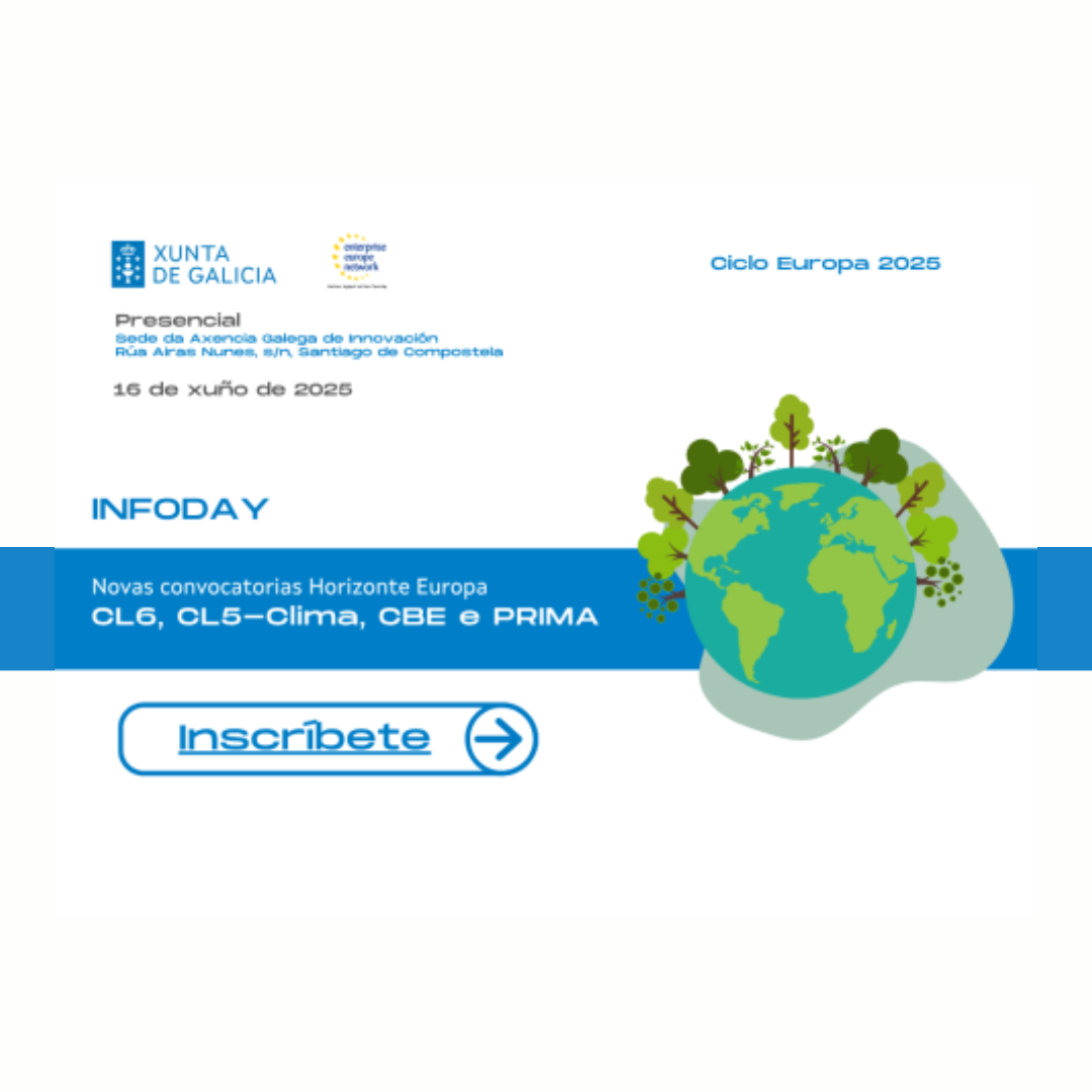 Aparece una imagen que anuncia una jornada informativa sobre nuevas convocatorias del programa Horizonte Europa. En el centro destaca un diseño de la Tierra rodeada de árboles, acompañado del texto "Infoday" y un botón azul con la palabra "Inscríbete". En la parte superior se mencionan los organizadores y la fecha del evento, el 16 de junio de 2025.
