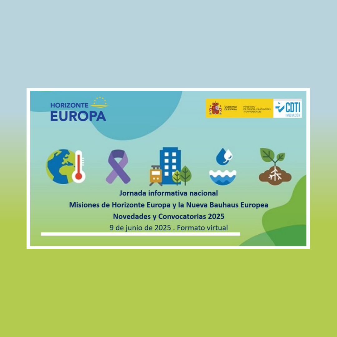 Se trata de una imagen sobre un fondo azulado y verdoso en el que se muestran diferentes imágenes representativas de las misiones de Horizonte Europa (p.e. para la misión cáncer aparece un lazo rosa). Junto a estos elementos aparece el título de la jornada.