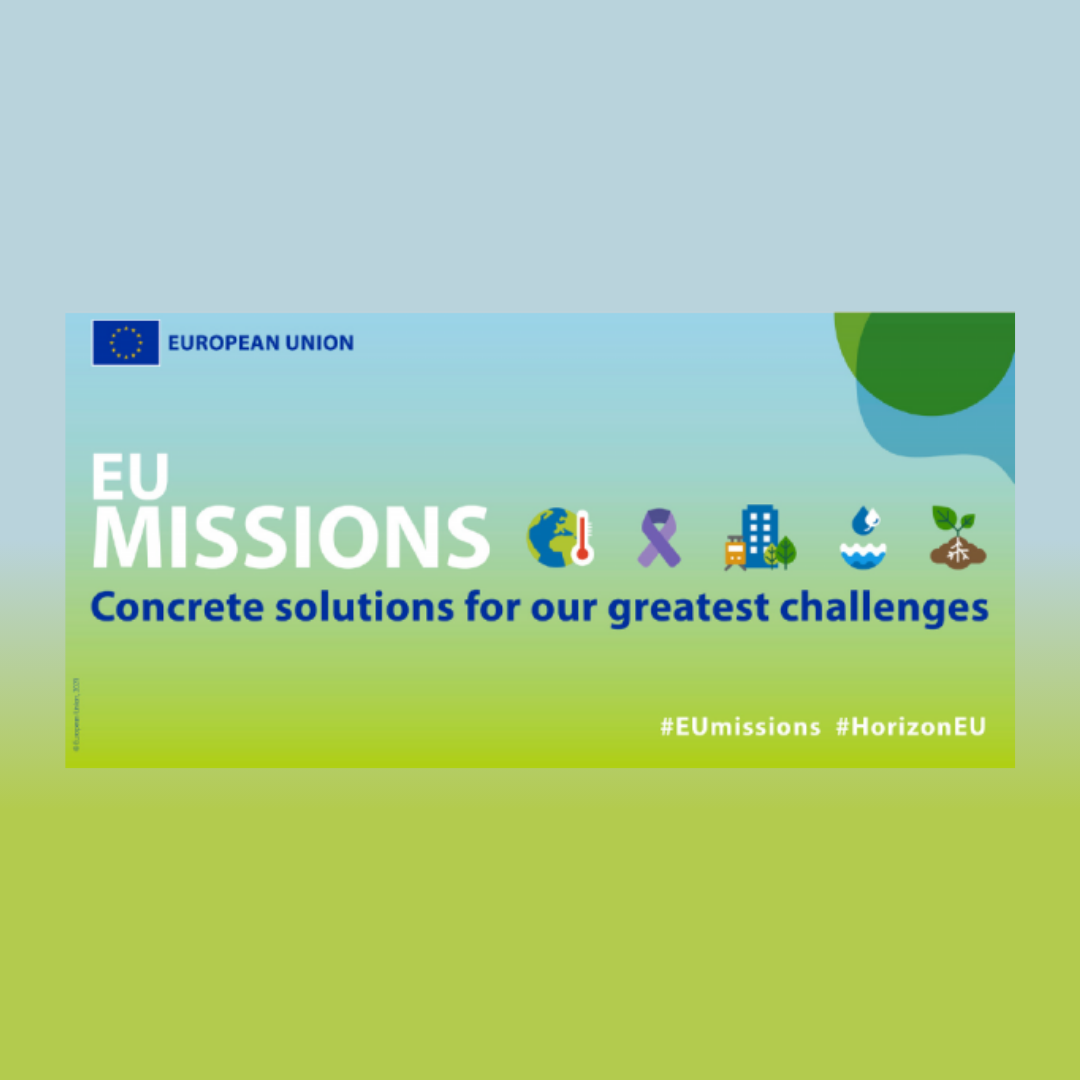 Aparece una imagen que promociona las misiones de la Unión Europea bajo el lema "Concrete solutions for our greatest challenges". En la parte superior se muestran iconos relacionados con el clima, salud, ciudades, agua y suelos. El fondo tiene un degradado azul y verde con los hashtags #EUmissions y #HorizonEU.