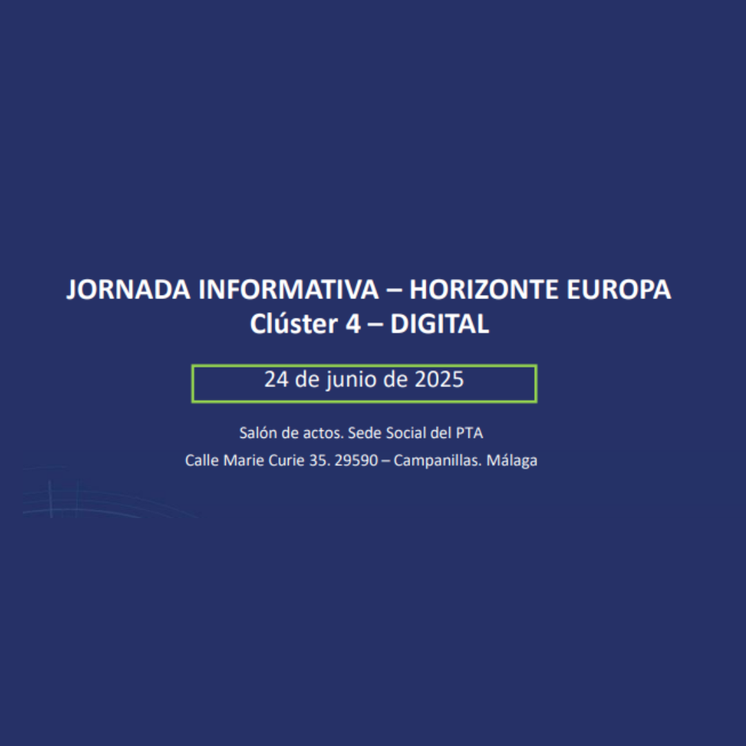 Aparece una imagen con fondo azul que anuncia la jornada informativa de HE - Clúster 4: Industrial. Los iconos indican que el evento será el 24 de junio y en formato online.