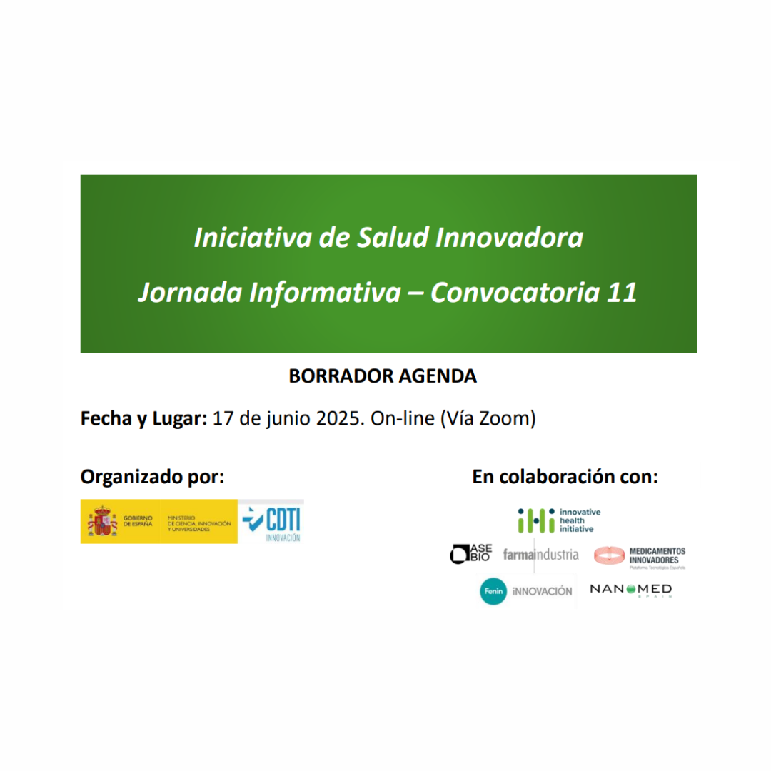 Aparece una imagen que anuncia una jornada informativa de la Iniciativa de Salud Innovadora sobre la Convocatoria 11. Se indica que tendrá lugar el 17 de junio de 2025 en formato online a través de Zoom. En la parte inferior se muestran los logotipos de las entidades organizadoras y colaboradoras.