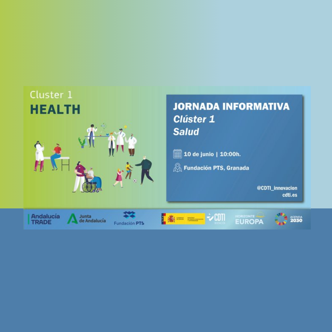 Aparece una imagen que anuncia una jornada informativa sobre el Clúster 1 de Salud del programa Horizonte Europa. Se observan ilustraciones de profesionales sanitarios, pacientes y actividades relacionadas con el bienestar. A la derecha se detallan la fecha, hora y lugar del evento en Granada.