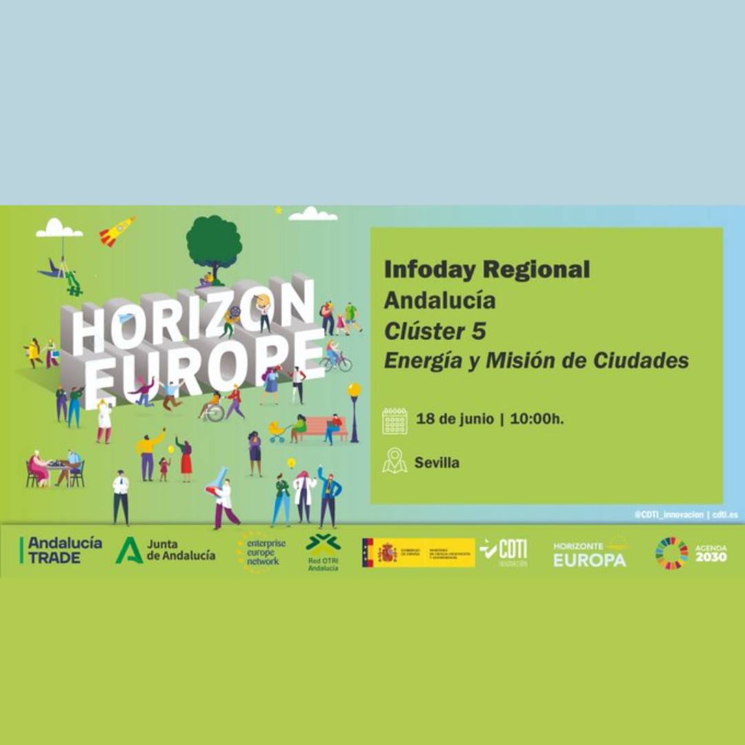 Aparece una imagen que promociona una jornada informativa sobre el Clúster 5 Energía y Misión de Ciudades. Se observan ilustraciones de personas interactuando en un entorno urbano y natural. El evento se celebrará el 18 de junio de 2025 en Sevilla.