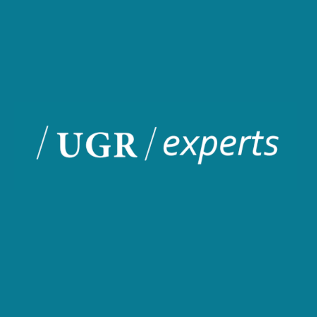 Aparece una imagen con un fondo verde turquesa y las letras de UGR/experts centradas en blanco