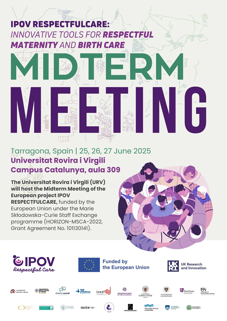 Aparece una imagen que anuncia una reunión del proyecto europeo IPOV RESPECTFULCARE sobre maternidad y parto respetuosos. El evento se celebrará en la Universitat Rovira i Virgili, en Tarragona, del 25 al 27 de junio de 2025, con una ilustración central de personas reunidas en círculo.