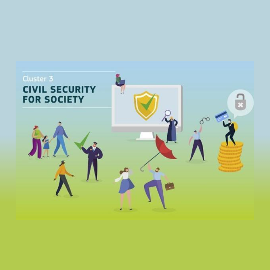 Cartel | Convocatorias | Clúster 3 | Seguridad civil para la sociedad Aparece una imagen donde se ve un prado verde en el que aparecen dibujos de personas realizando diferentes acciones, por ejemplo vemos a un policia trabajando o a una familia paseando. Sobre este dibujo aparece el nombre del cluster.
