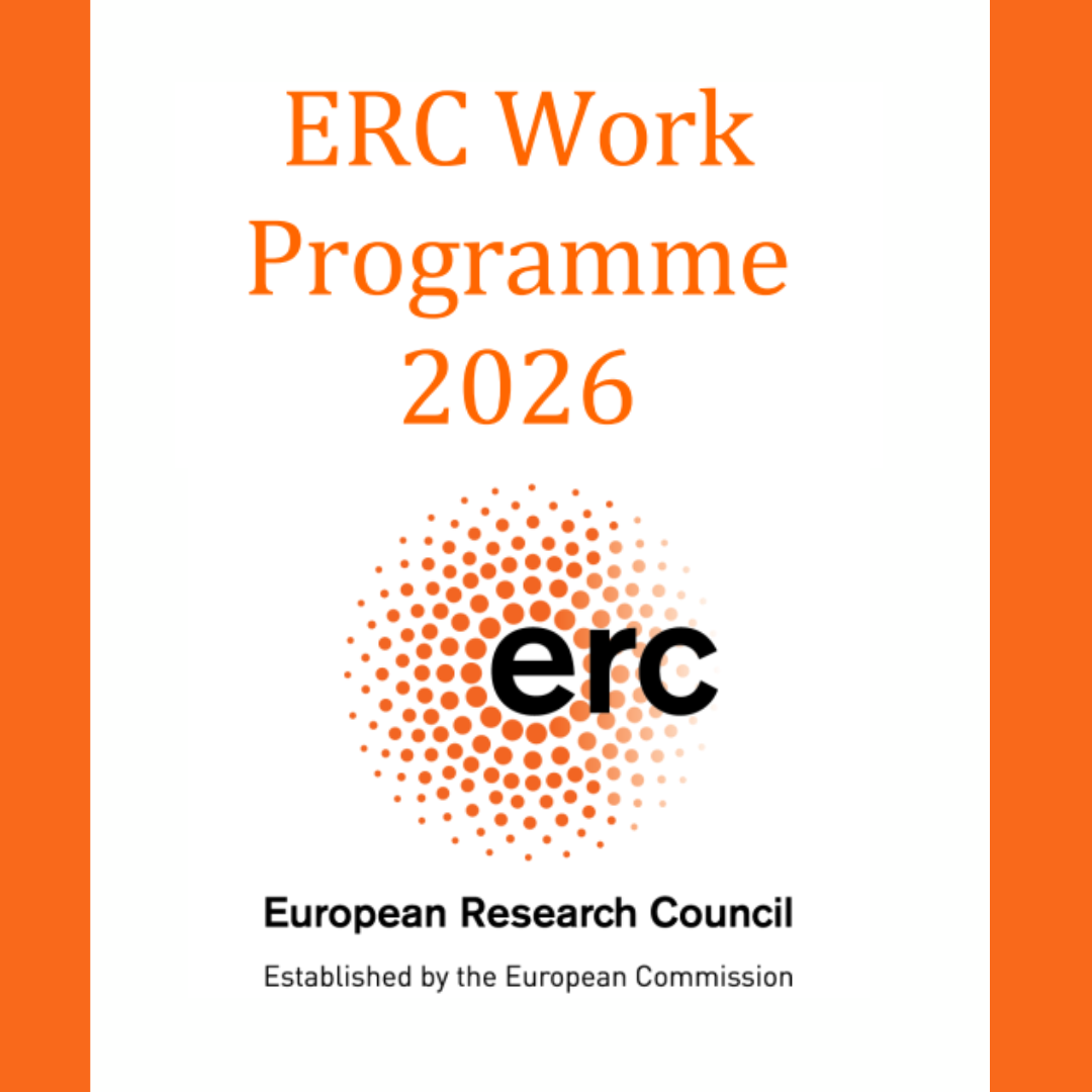 Aparece una imagen que presenta el título “ERC Work Programme 2026” en letras naranjas sobre fondo blanco. En el centro, se muestra el logotipo del European Research Council con un diseño de puntos concéntricos. Al pie, se indica que está establecido por la Comisión Europea.