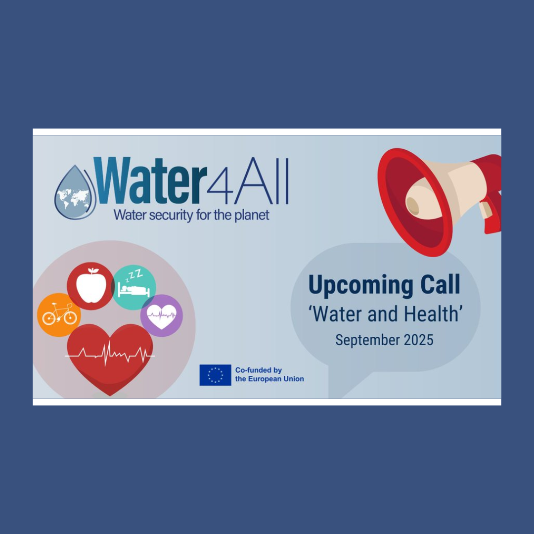 Aparece una imagen que anuncia la convocatoria “Water and Health” del programa Water4All para septiembre de 2025. El diseño muestra un megáfono rojo a la derecha y varios íconos relacionados con la salud y el bienestar, como un corazón, una bicicleta y una manzana. Incluye el logotipo de la Unión Europea y el lema “Water security for the planet” en un fondo azul claro.