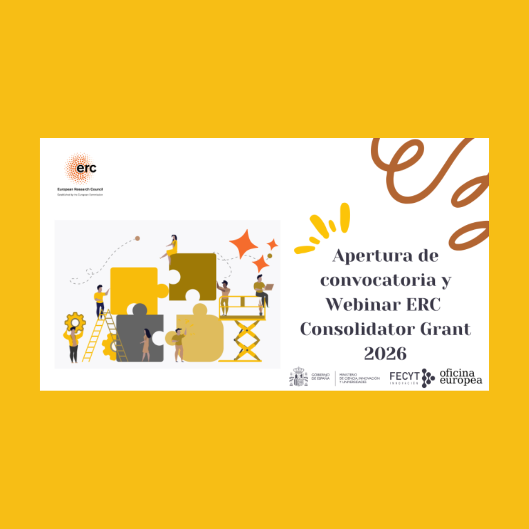Aparece una imagen que anuncia un webinar sobre la convocatoria ERC Consolidator Grant 2026. Predominan los colores blanco, amarillo y marrón, con ilustraciones de personas armando piezas de puzzle. En el margen inferior se ven los logotipos del ERC, el Gobierno de España y FECYT Oficina Europea.