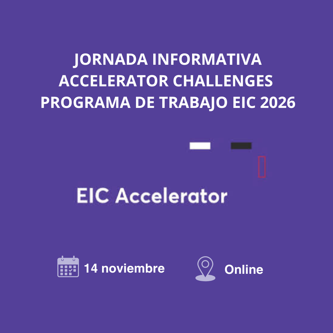 Aparece una imagen sobre un fondo morado en la que se anuncia la próxima jornada relativa al Acelerator challenges. Se incluye la fecha y la modalidad en la imagen. 