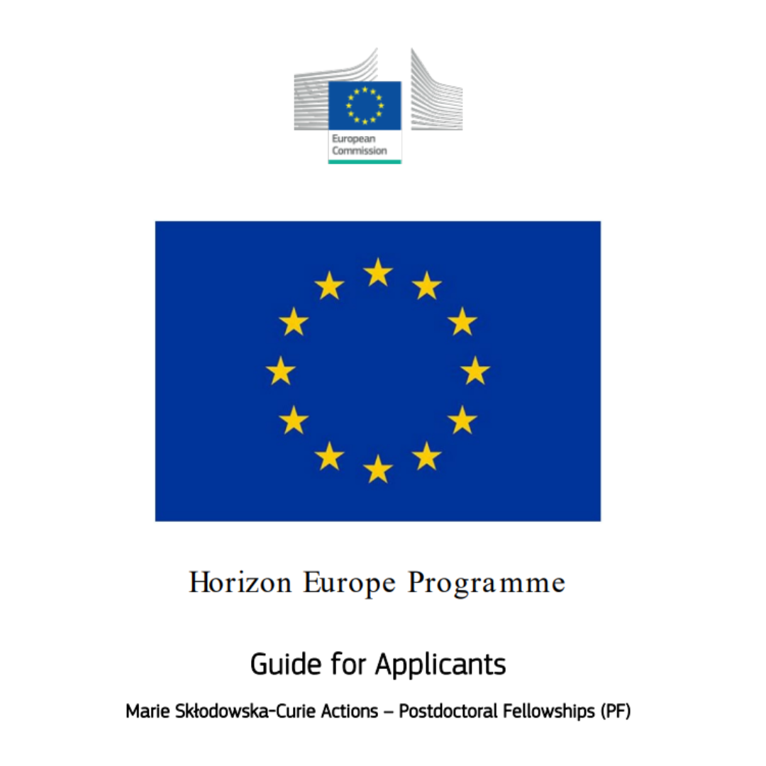 Aparece una imagen que muestra la portada de la guía oficial para solicitantes de la convocatoria MSCA-PF-2025. El diseño es sobrio y profesional, con un fondo blanco y el logo de la Comisión Europea.