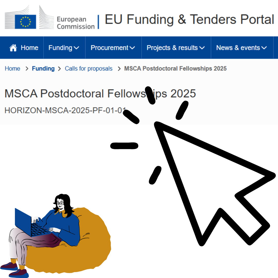 Aparece una imagen que muestra una ilustración de una persona trabajando en un ordenador, con un fondo en el que se muestra la página web de la convocatoria MSCA-PF-2025