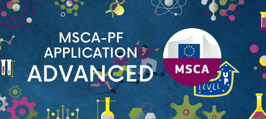 An image appears promoting the advanced application for MSCA-PF (Marie Skłodowska-Curie Actions - Postdoctoral Fellowships). On a blue background with scientific icons, three human figures symbolically advance on a molecular structure. On the right, the European logo with the word ‘MSCA’ in a burgundy circle stands out.